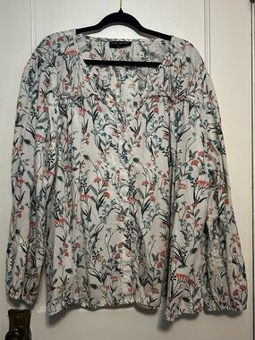 Lane Bryant Floral Peasant Blouse in Cream with Coral & Blue Accents (28W)
